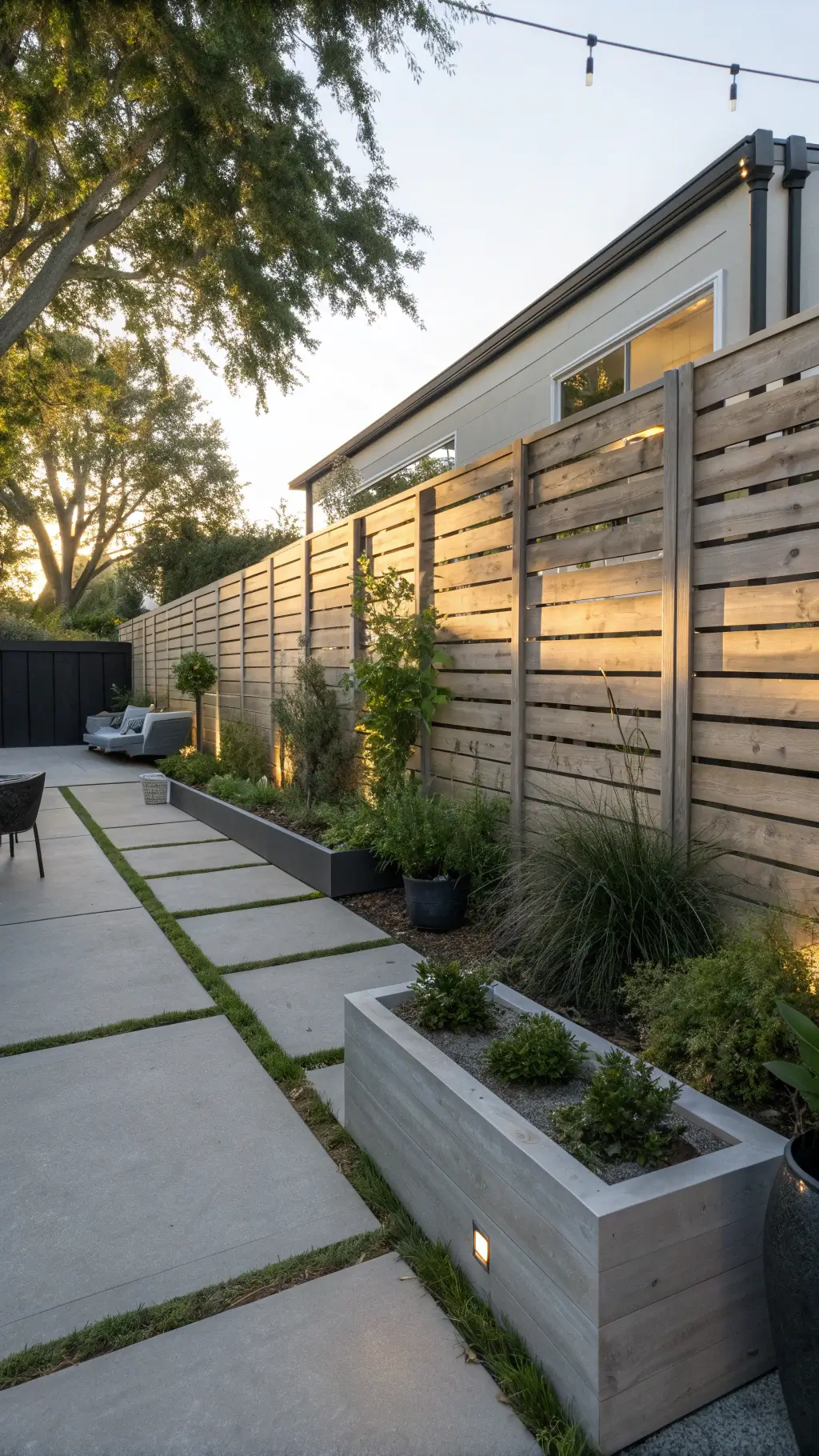 Sunlit modern backyard with gray wooden fence, concrete patio, sleek outdoor furniture, mixed-height planters with greenery, and integrated lighting at golden hour