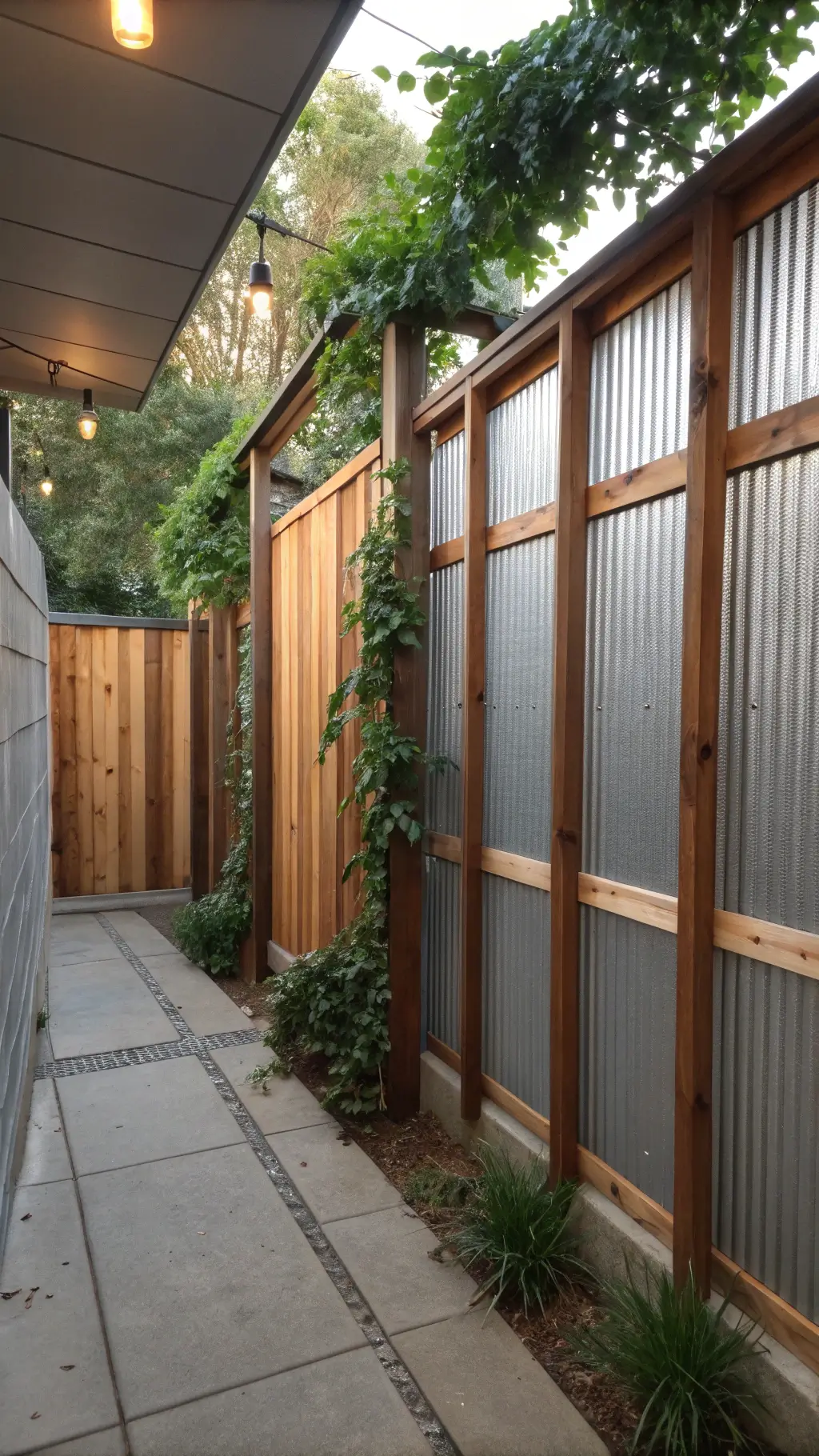 Early morning in a peaceful, intimate courtyard enclosed by a 7-foot corrugated metal and timber fence, accented with lush climbing vines, illustrating a blend of industrial design and organic greenery in a vertical composition.