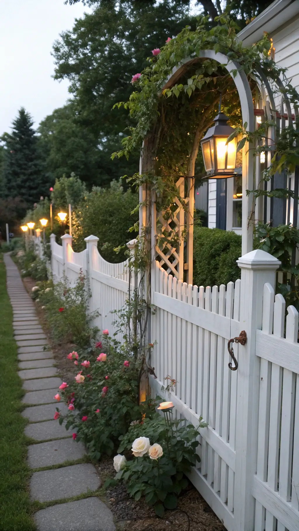 Twilight view of a romantic English cottage-style garden adorned with climbing roses, surrounded by a 4-foot vintage white picket fence with varied widths and scalloped tops, illuminated by antique bronze solar lanterns