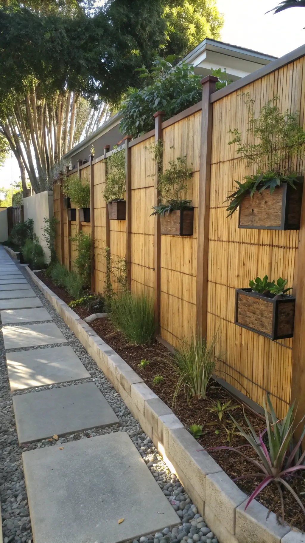 Contemporary eco-friendly bamboo fence installation with living wall sections in afternoon sunlight, featuring natural stone path and minimalist gate.