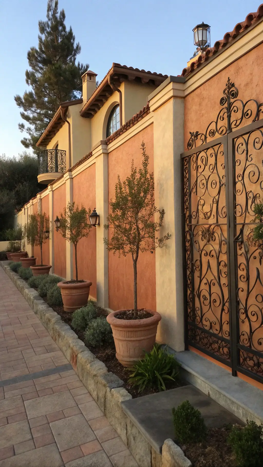 Mediterranean-style privacy fence with terracotta stucco panels and wrought iron sections, illuminated by late afternoon light, with potted citrus trees and herbs at the base, viewed at a 45-degree angle.