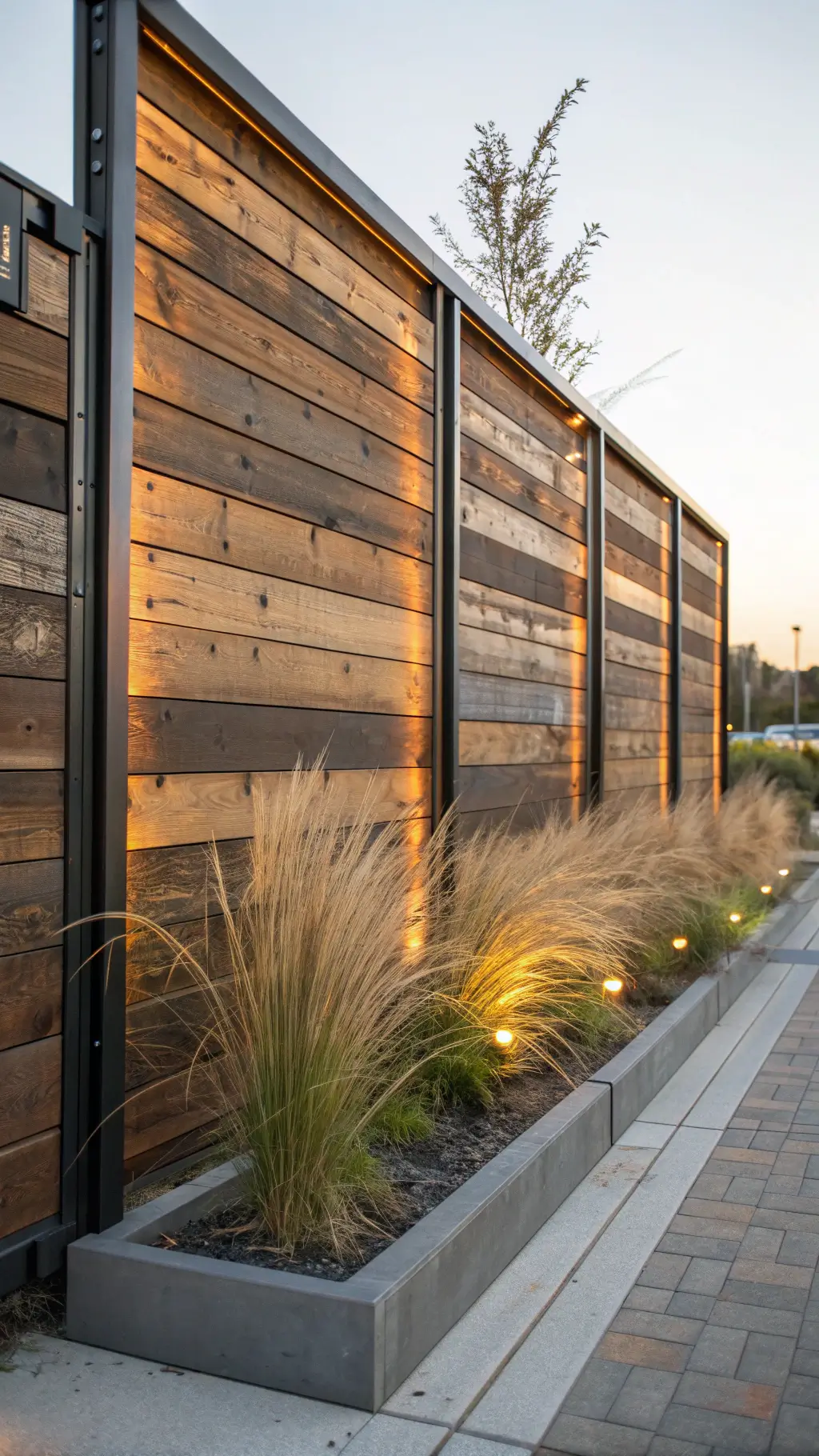 Rustic-modern privacy screen made of reclaimed barn wood panels and steel frame during golden hour, with weathered steel planters and native grasses in the background.