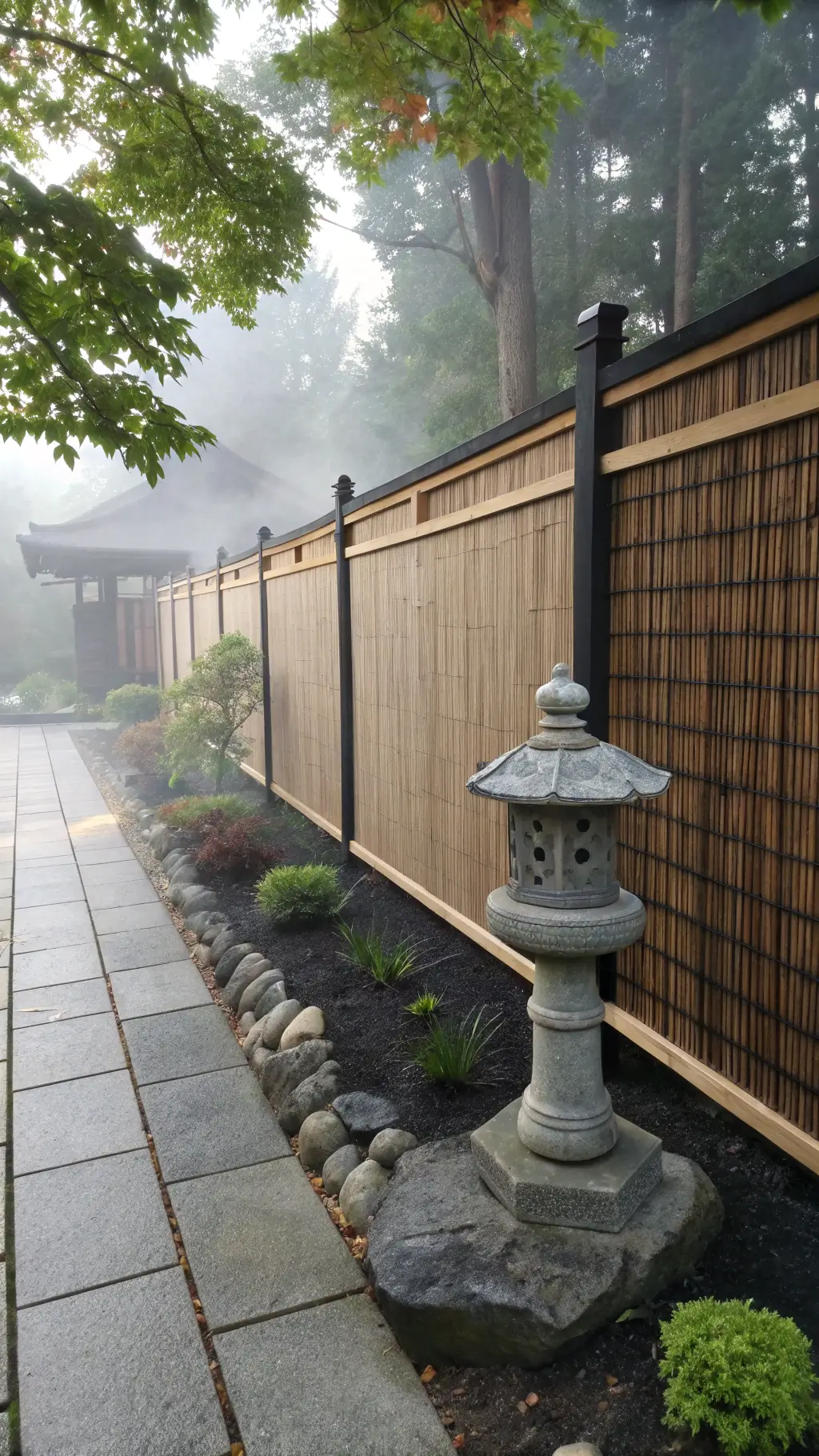 Tranquil Asian-style garden with 5-foot black bamboo screens, cedar frames, stone lanterns and maple trees in soft morning mist