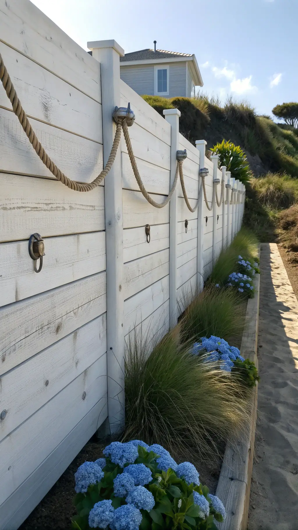 Coastal-style boundary wall with white-washed horizontal planks, rope and nautical accents, beach grasses, and blue hydrangeas in bright midday sun