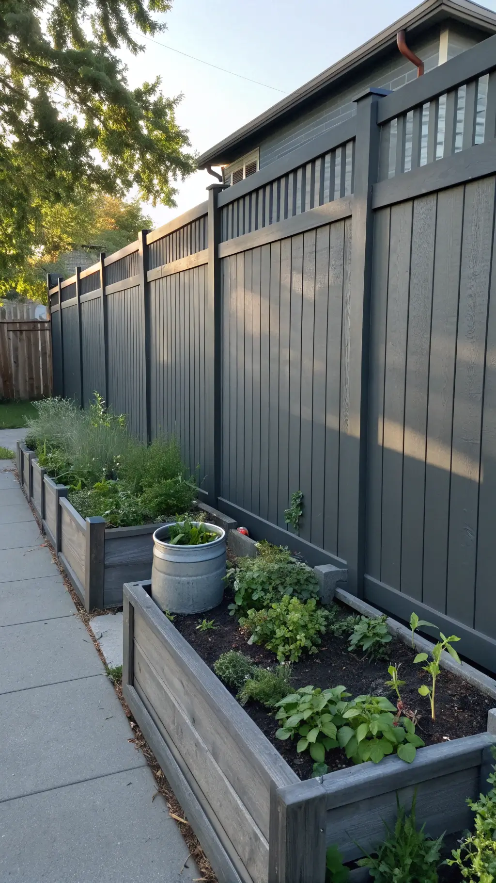 Charcoal gray modern farmhouse fence with 6-foot vertical board and batten design at dawn, with long shadows highlighting a mixed herb garden and vintage metal containers