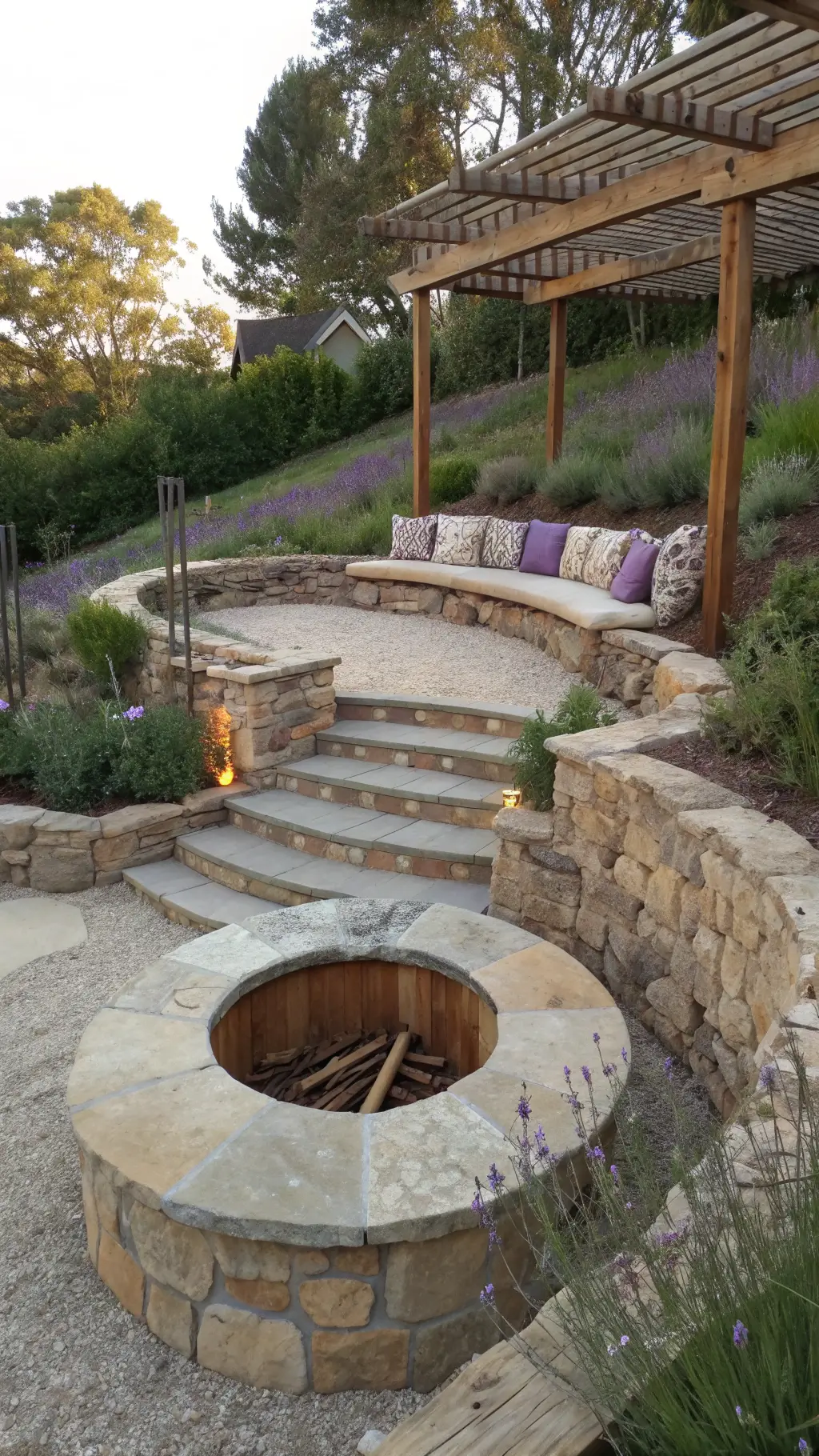 Overhead view of a sunken fire pit in a terraced garden with stone steps, outdoor cushions on concrete benches, surrounded by native grasses and lavender, under afternoon light filtering through pergola slats.