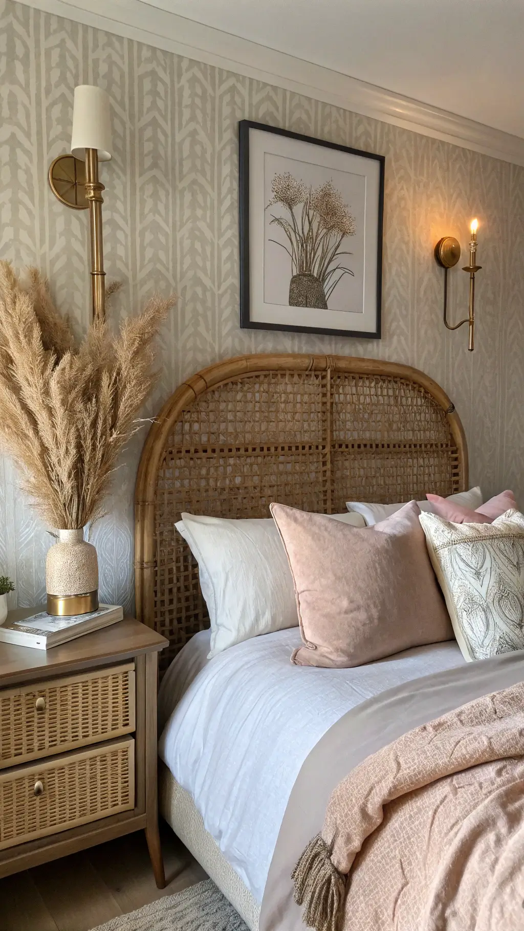 Vintage bedroom corner with rattan headboard, linen bedding, and brass wall sconce during blue hour, styled with art books and pampas grass on bedside table.