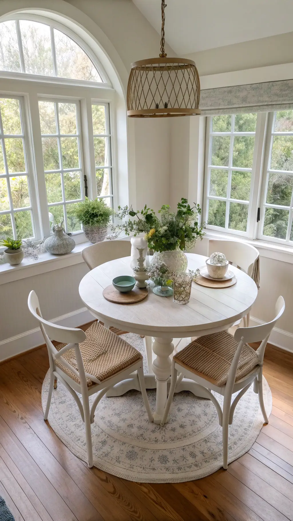 Overhead view of a compact 6x8ft dining nook with a round thrifted tulip-style table, mismatched vintage chairs in chalk paint, an oversized arched mirror reflecting natural light. The table is styled with a linen runner, ceramic bowl, fresh eucalyptus, and the windowsill is adorned with propagated pothos in clear glass vessels, all highlighted his crisp high-key lighting.