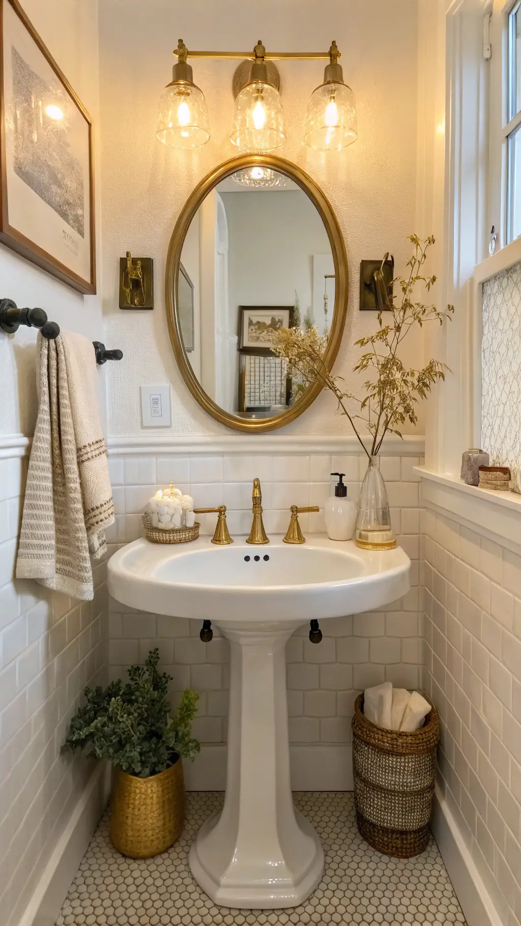 Midday shot of a refreshed 5x8ft bathroom with a vintage brass mirror above a pedestal sink, white penny tile backsplash, plug-in sconces, styled with thrifted amber glass vessels, eucalyptus bundle, and vintage hand towels, illuminated by both natural and warm artificial light.