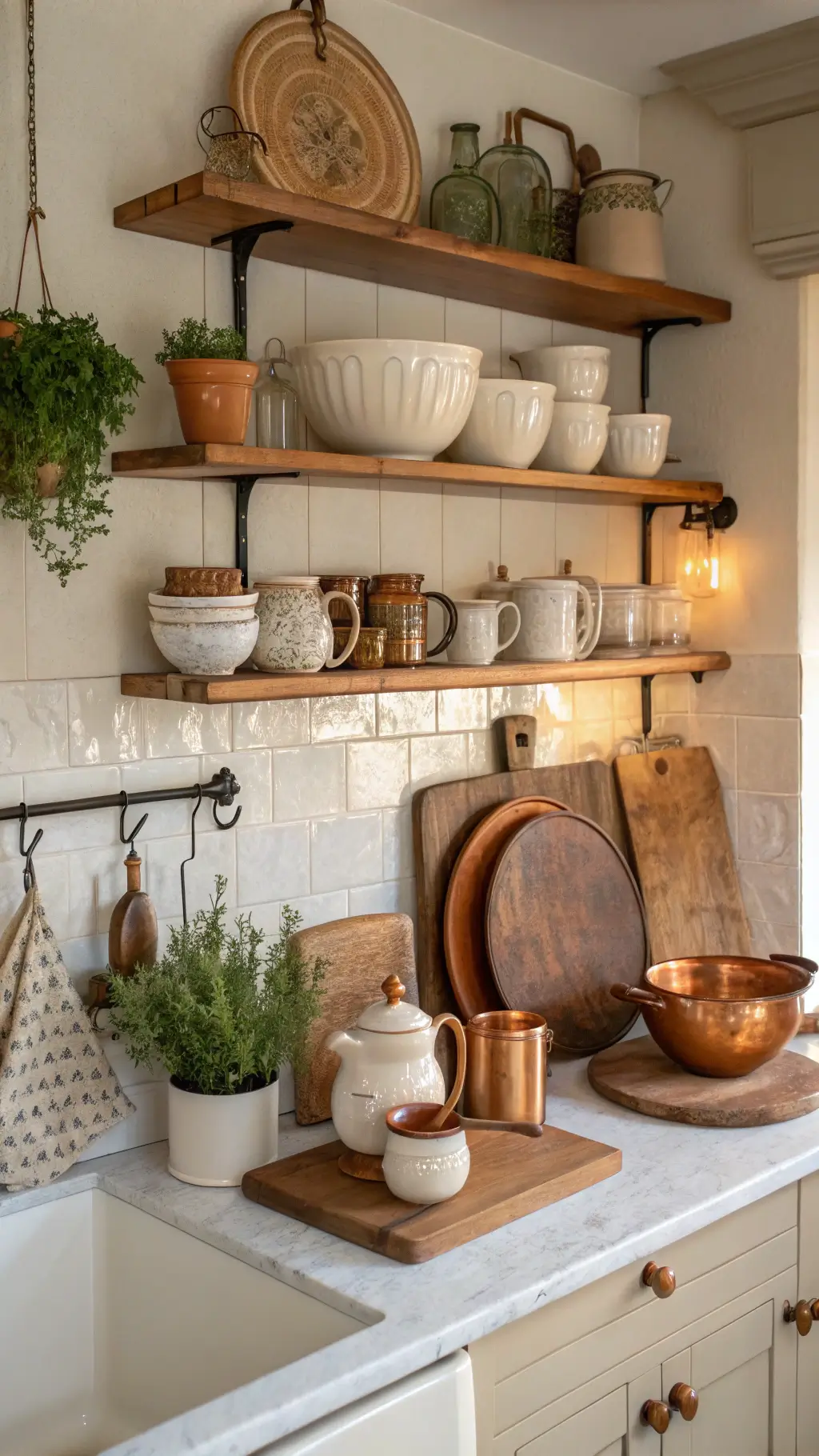 Stylish vintage kitchen scene captured during morning coffee hour, displaying open shelving with cream and terracotta ceramics, counter with wooden cutting boards and pottery bowls, potted herbs and copper cookware hung on command hooks.