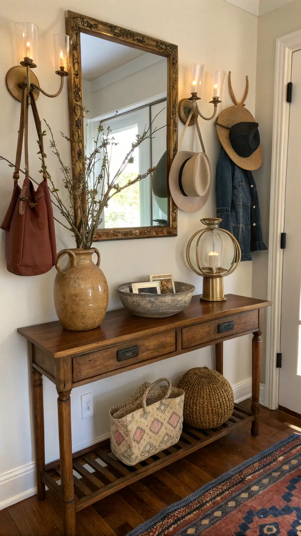 Vintage console table decorated with a brass mirror, ceramic catch-all, and vase with branches, under a warm spotlight. A hook rail with hats and bags and a vintage runner add to the welcoming ambiance.