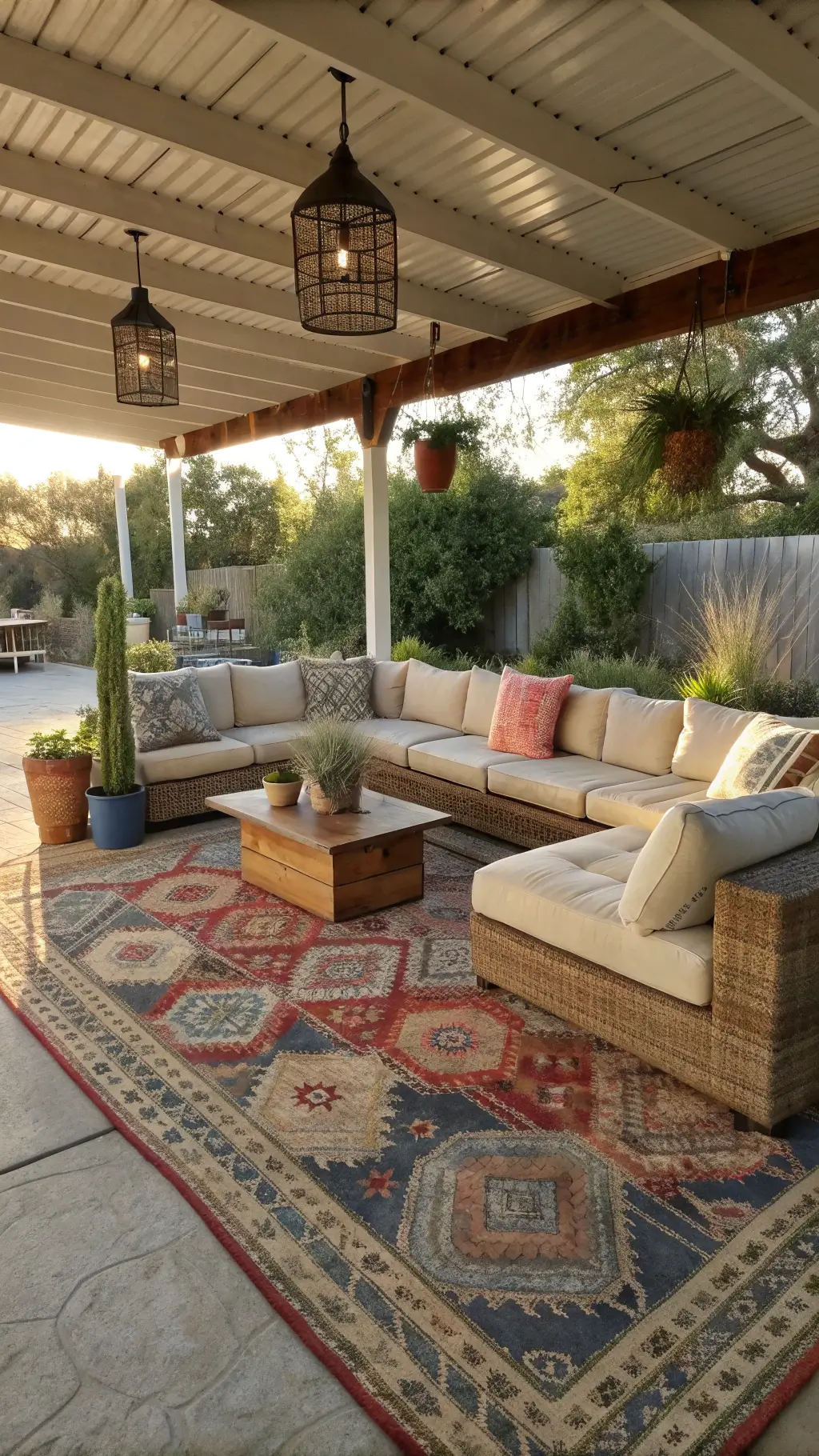 Late afternoon sun highlighting a vintage-themed covered patio with reupholstered wheat-colored sectional sofa, layered kilim rugs, DIY concrete planters with succulents, and a repurposed spool coffee table.