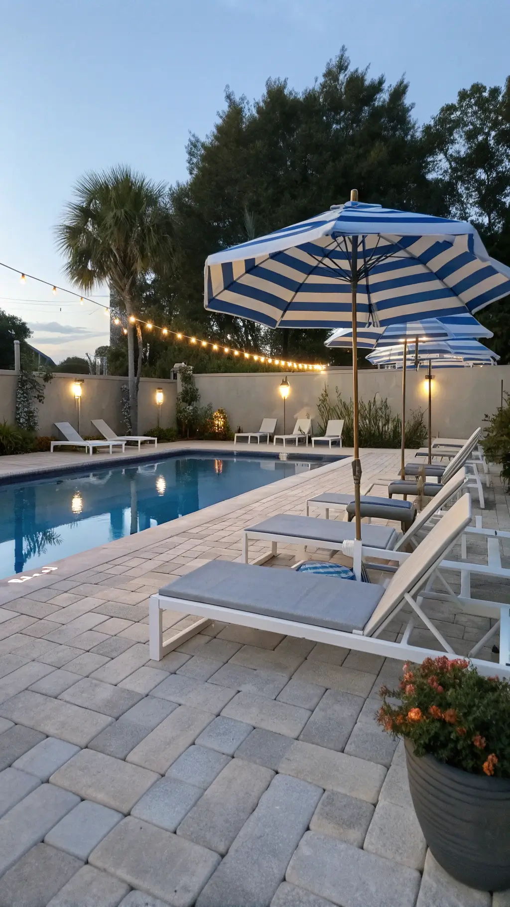 Poolside patio during blue hour featuring white chaise lounges, blue and white beach umbrellas, DIY wooden drink caddies and painted planters, with string lights reflecting in the water.