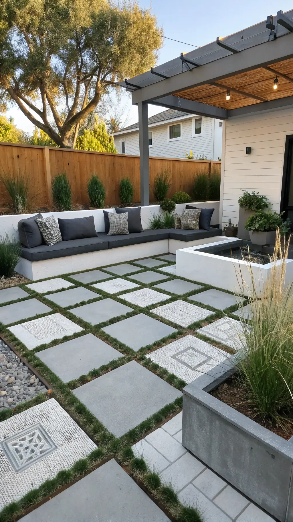 Midday view of a 20'x25' contemporary entertainment patio with geometrical pattern made from concrete pavers and gravel insets. Features DIY modular seating from painted cinder blocks with custom charcoal grey cushions and dramatic arrangements of tall ornamental grasses and sculptural succulents.