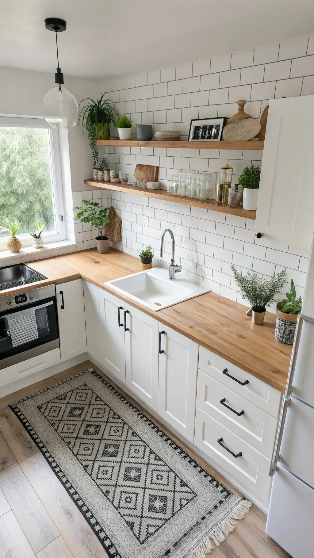 Scandinavian-style budget kitchen with all-white cabinetry, butcher block counters, white subway tiles, open shelving with black and white ceramics, and subtle greenery from potted succulents.