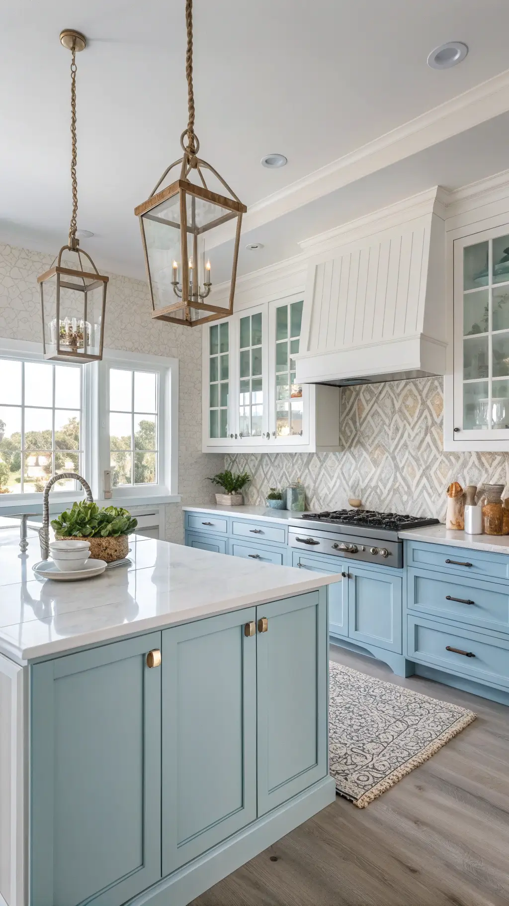 A 10x12ft budget kitchen with bright light, featuring pale blue lower cabinets with rope-style pulls contrasting white upper cabinets, white laminate counters, a beachy peel-and-stick backsplash in soft blue and white pattern, and glass pendant lights giving a sea glass vibe. Materials include light, bright surfaces with subtle texture in colors of sea glass blue, white, sandy beige and driftwood gray accents.
