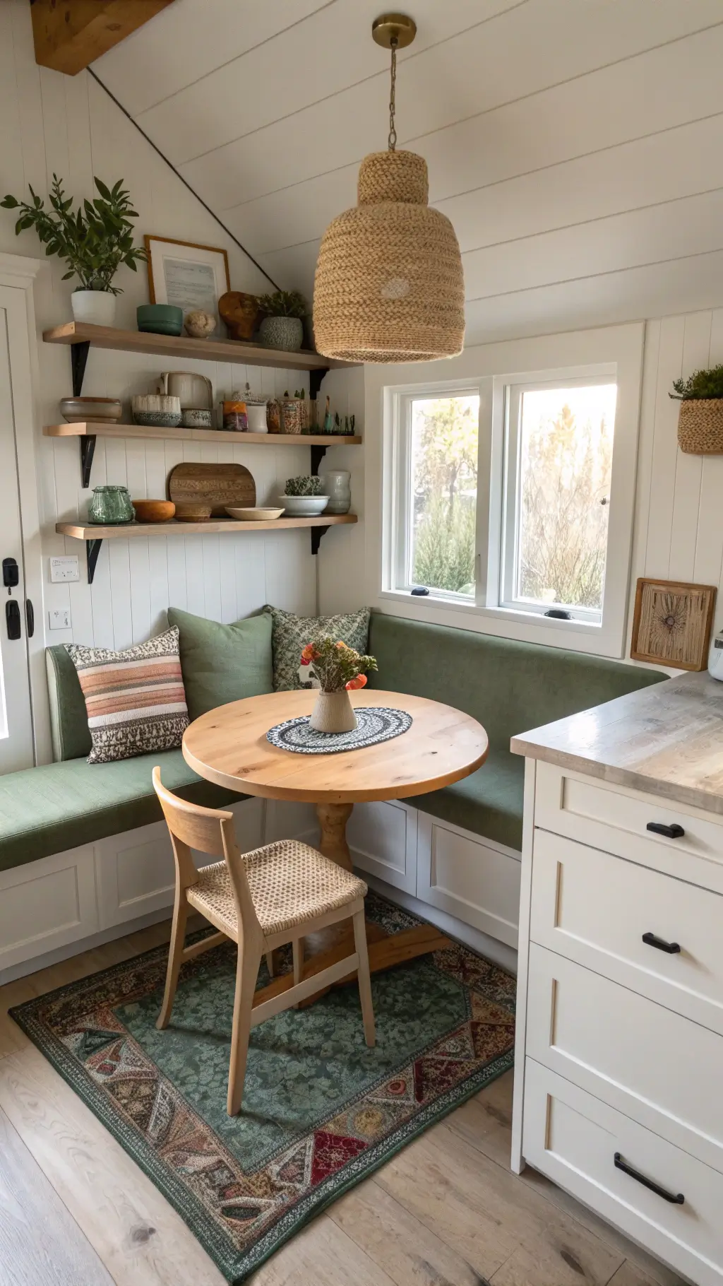 Sunlit kitchen nook under sleeping loft with green velvet banquette, bleached oak table, open shelves with pottery, pendant light, and vintage runner.