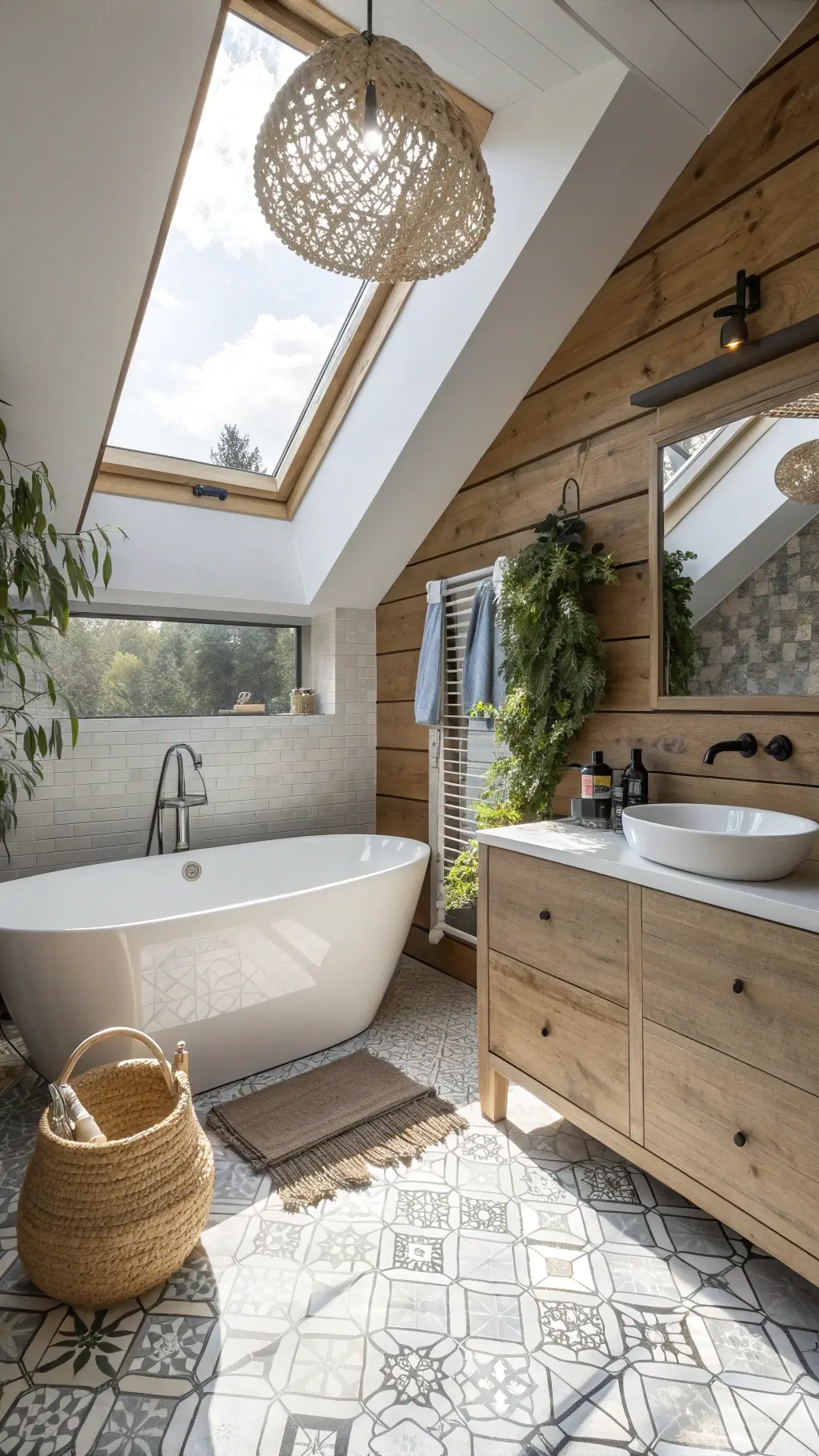 Light-filled loft bathroom with white oak vanity, freestanding soaking tub against shiplap wall, handmade tile floor, woven pendant light, and styled with eucalyptus and stone accessories.