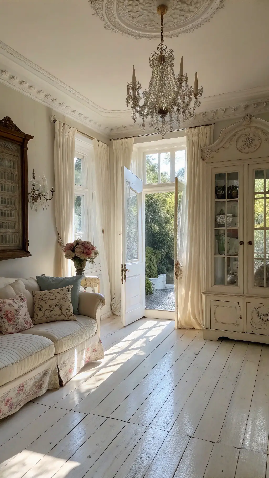 Vintage-inspired living room with cream sofa, antique armoire, lace curtains and crystal chandelier in golden hour sunlight.