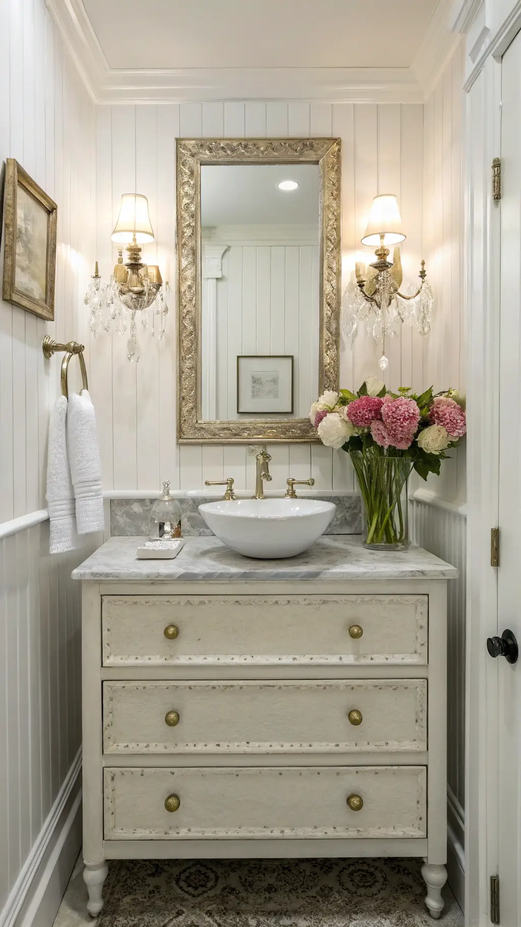 Close-up detail of an elegant vintage vanity in a brightly lit powder room with beadboard walls, gilt-framed mirror, mercury glass accessories, and fresh peonies.