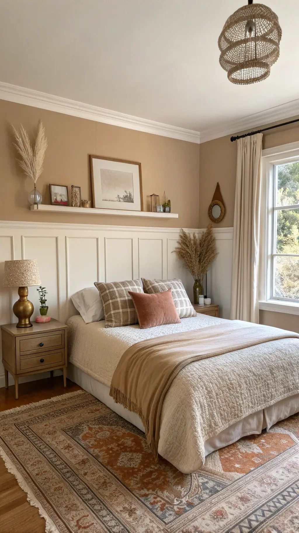 Cozy bedroom with warm putty walls, full-sized bed with beige waffle bedding, vintage Persian rug, and floating shelves decorated with brass objects and pampas grass, bathed in soft afternoon light.