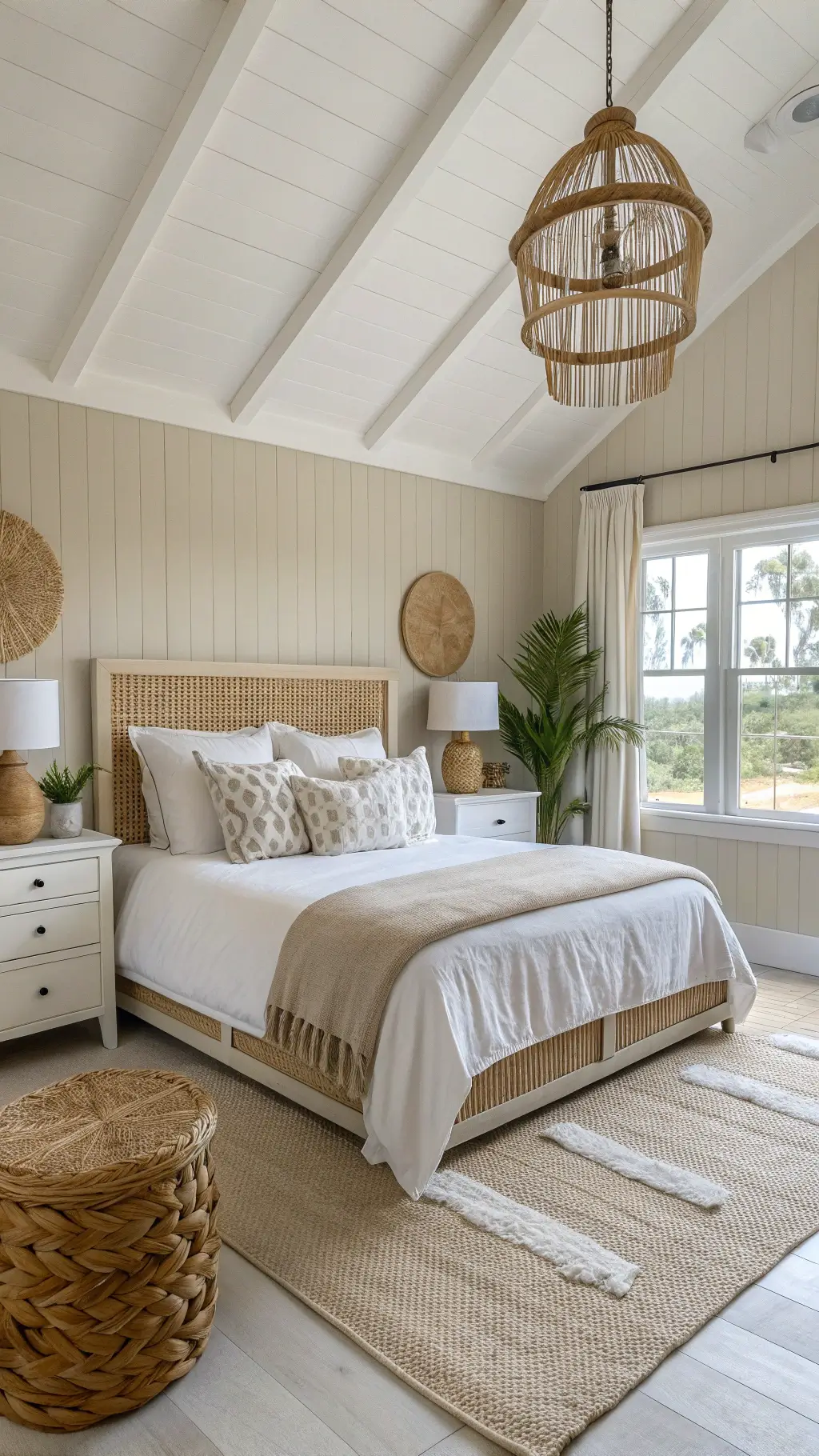 Bright and airy 14x16ft coastal-inspired bedroom with sandy beige walls, king bed with rope headboard, white bedding, dune and shell-toned textured pillows, rattan pendant, seagrass baskets, dried palm fronds, whitewashed furniture, handwoven jute rug, and natural light filtering through white linen drapes.