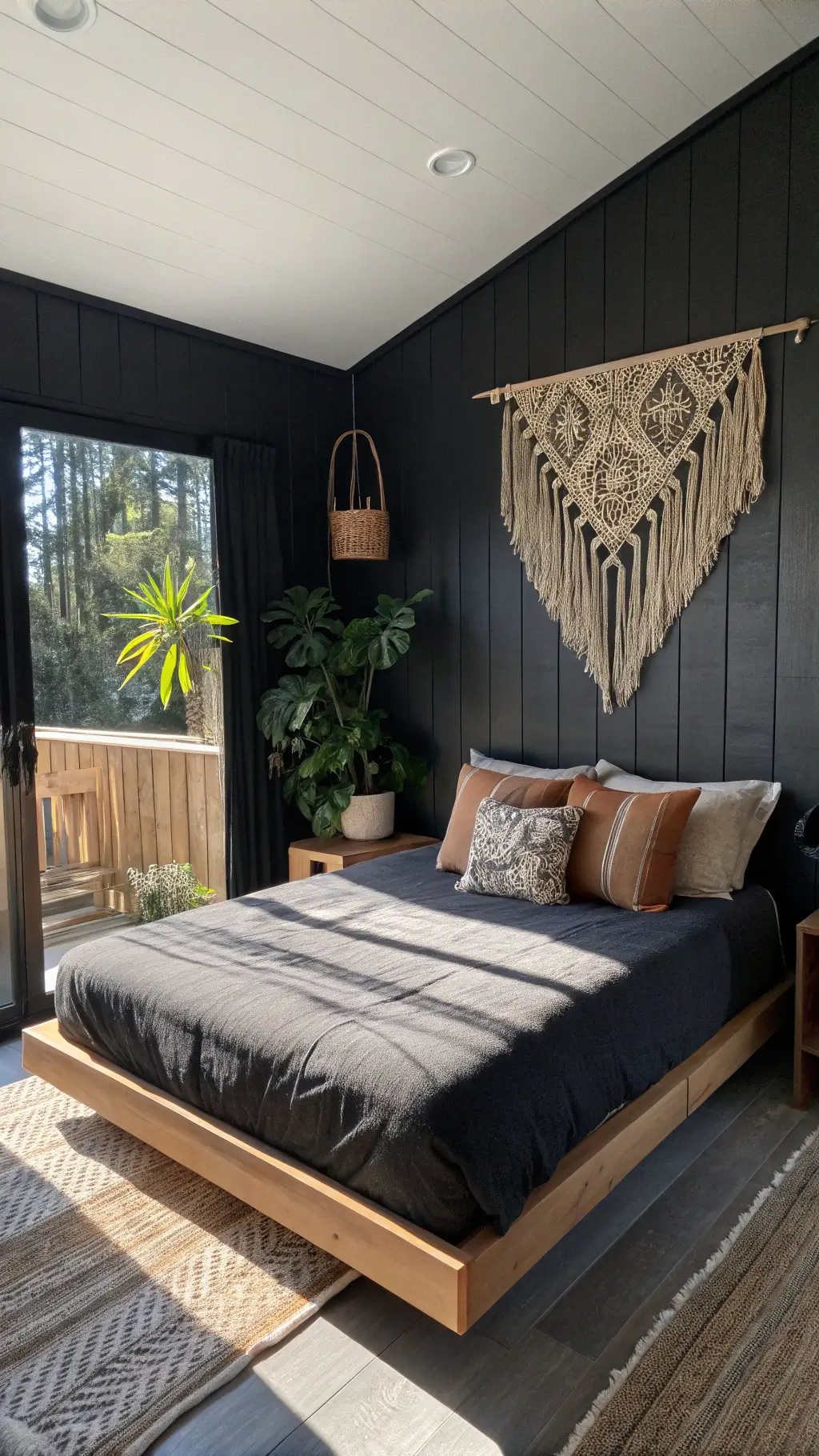 Sun-drenched bedroom corner with black shiplap walls, a floating platform bed with black linen bedding, an oversized macramé wall hanging above headboard, and a fiddle leaf fig tree.