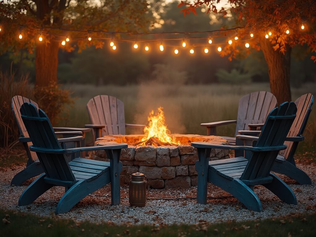 "Rustic backyard gathering scene with stone fire pit, blue-gray Adirondack chairs and overhead Edison string lights at sunset"