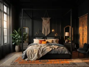 "Luxurious black boho bedroom with warm, golden hour lighting and rich textured decor"