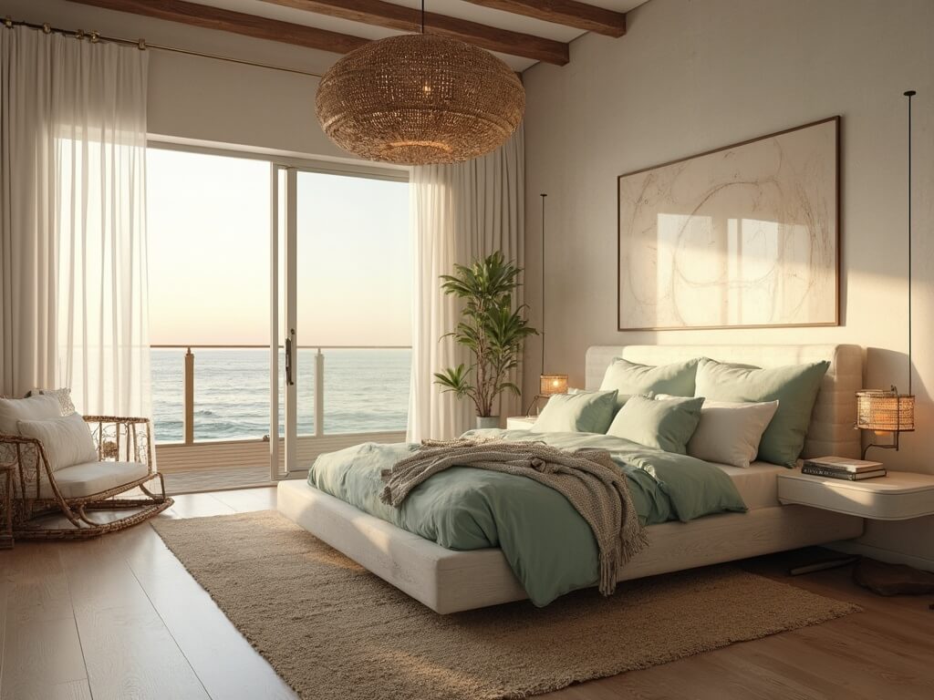 "Luxurious coastal bedroom with seafoam green bedding, rattan pendant light, palm plant, and sunset view through floor-to-ceiling windows"