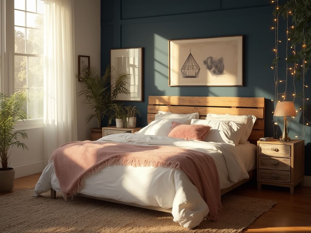 "Cozy and warm 14x16ft bedroom with DIY pallet wood headboard, white linens, pink throws, and cream pillows against a navy accent wall, lit by morning sunlight and furnished with minimalist decor."