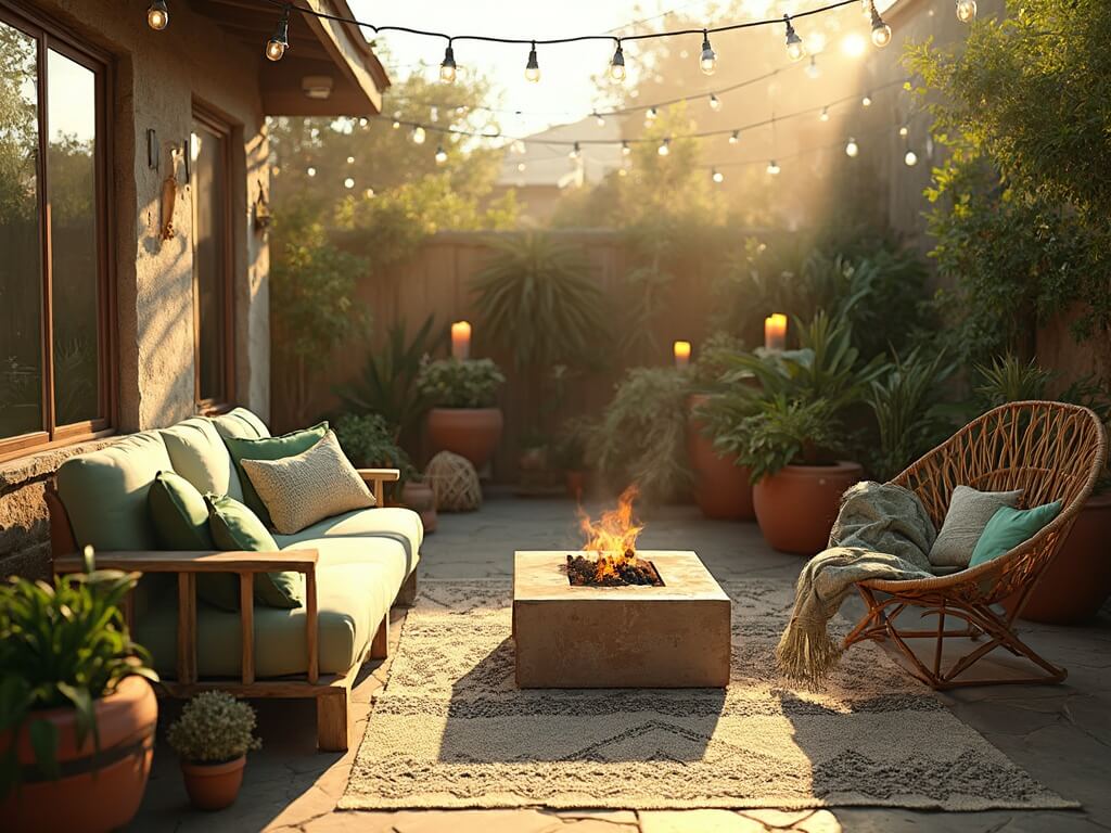 "Cozy bohemian patio with DIY decor, plants, and sunset lighting"