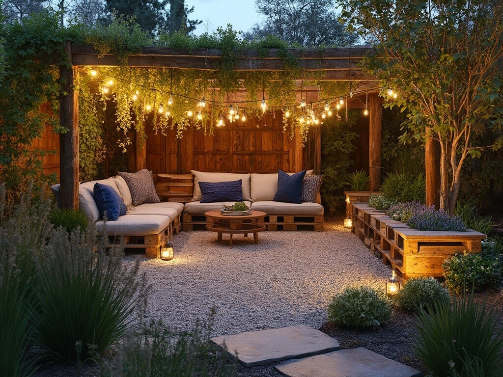 "DIY transformed backyard with gravel patio, handmade pallet furniture, raised garden beds, string lights, mason jar lanterns, and stepping stone pathway at golden hour."