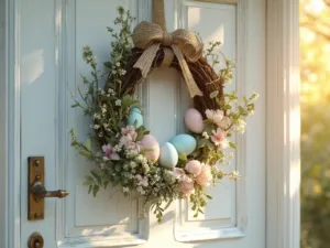 Rustic grapevine Easter wreath adorned with pastel eggs and fresh blossoms on a white farmhouse door.