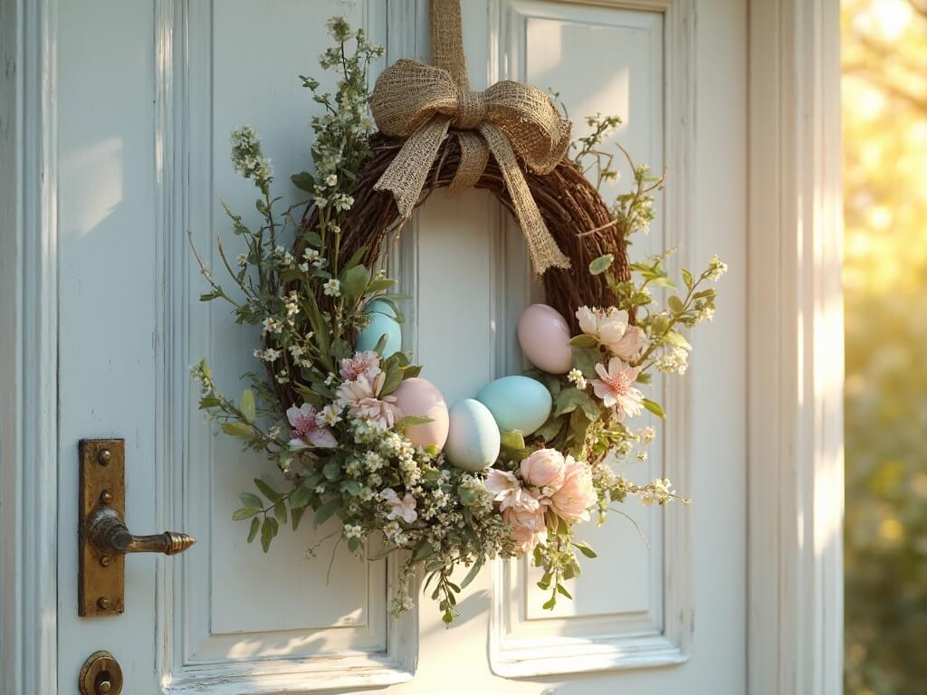 Rustic grapevine Easter wreath adorned with pastel eggs and fresh blossoms on a white farmhouse door.