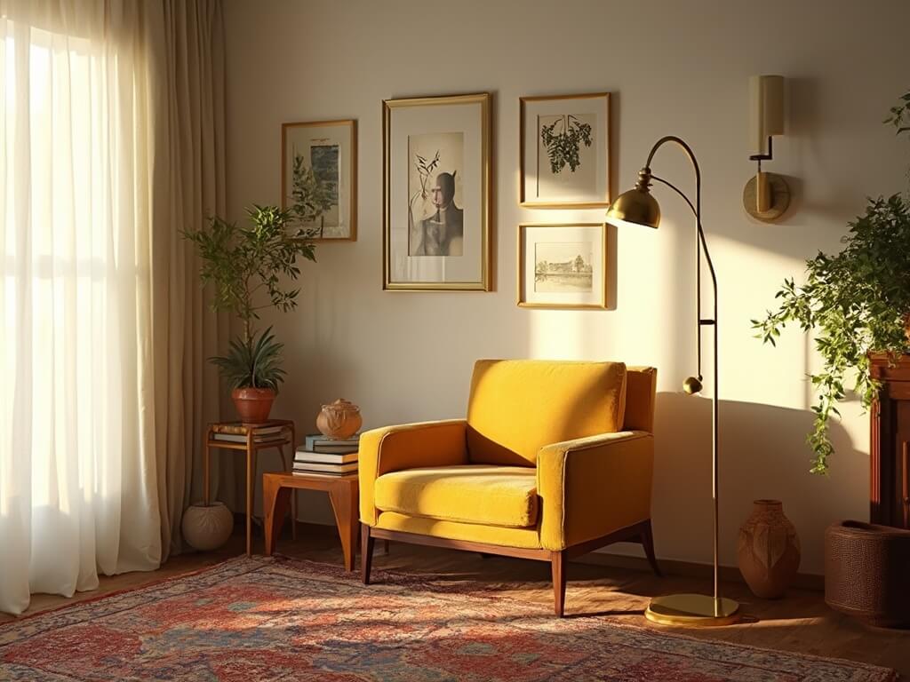 "Sunlight-filled living room with mid-century modern mustard velvet armchair, vintage Persian rug, botanical prints in gold frames, brass floor lamp and earth-toned ceramic vessels"