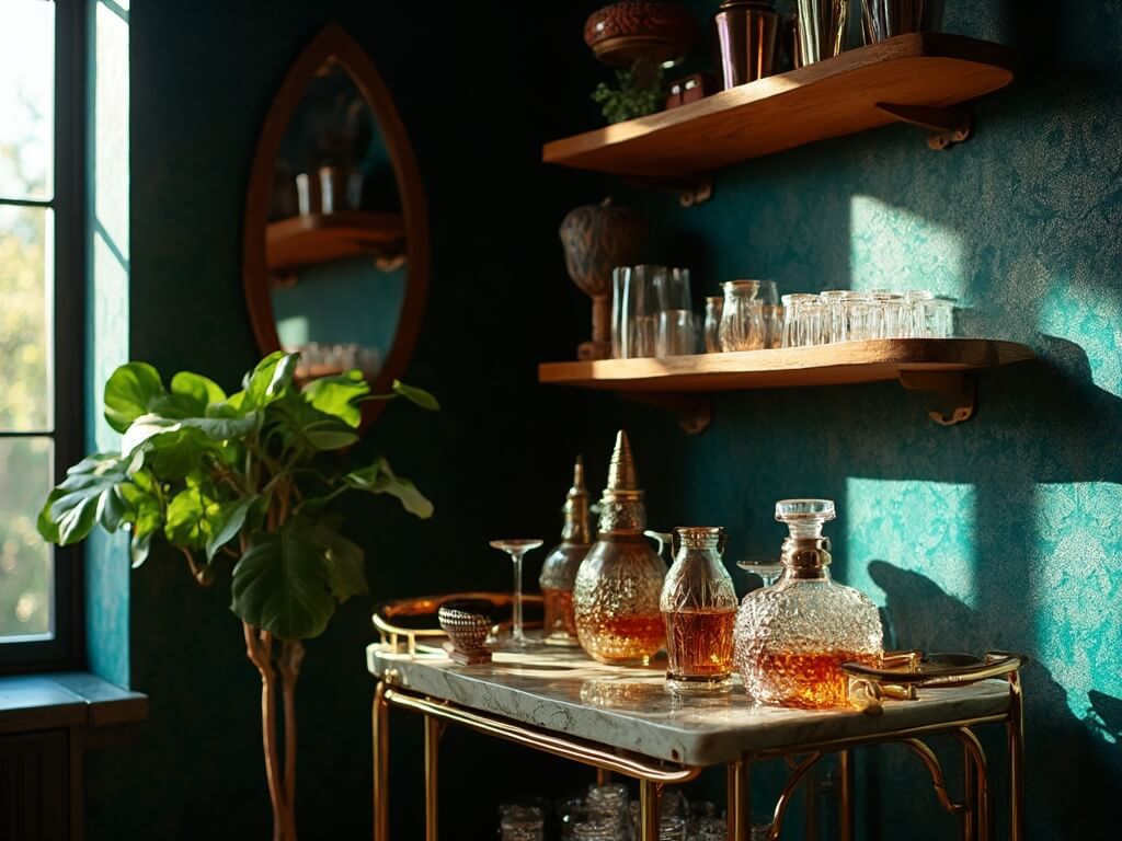 "Mid-century modern style corner mini bar with brass bar cart, crystal decanters, and copper mixing tools on a marble tray, against a navy grasscloth wallpaper, styled with art deco mirror and fiddle leaf fig plant."