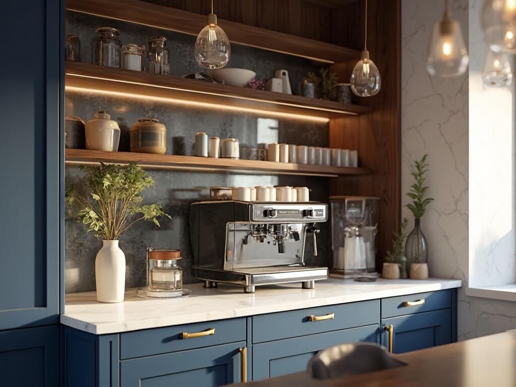 "Luxury coffee bar with chrome espresso machine, marble counter, navy cabinetry and artisanal mugs on walnut shelves"