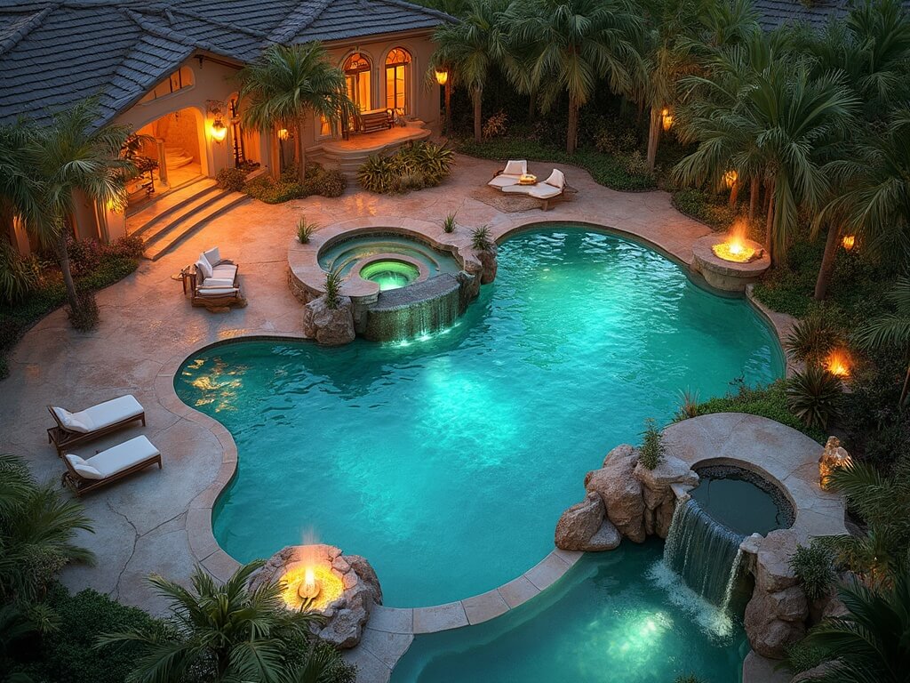 "Luxurious resort-style backyard pool with waterfall, lush tropical landscaping, and glowing underwater lighting at sunset"