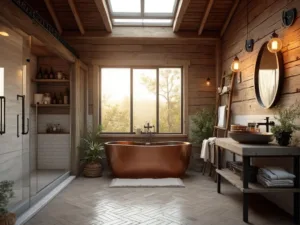 "Luxurious rustic industrial spa bathroom with copper tub, reclaimed wood accent wall, and matte black fixtures at golden hour"