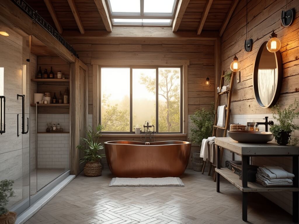 "Luxurious rustic industrial spa bathroom with copper tub, reclaimed wood accent wall, and matte black fixtures at golden hour"