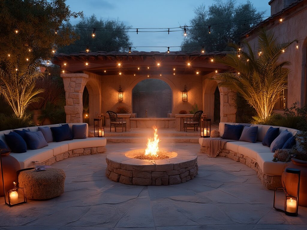 "Luxurious backyard fire pit at twilight with natural limestone seating, navy blue and cream cushions, ambient lighting and Mediterranean plants"