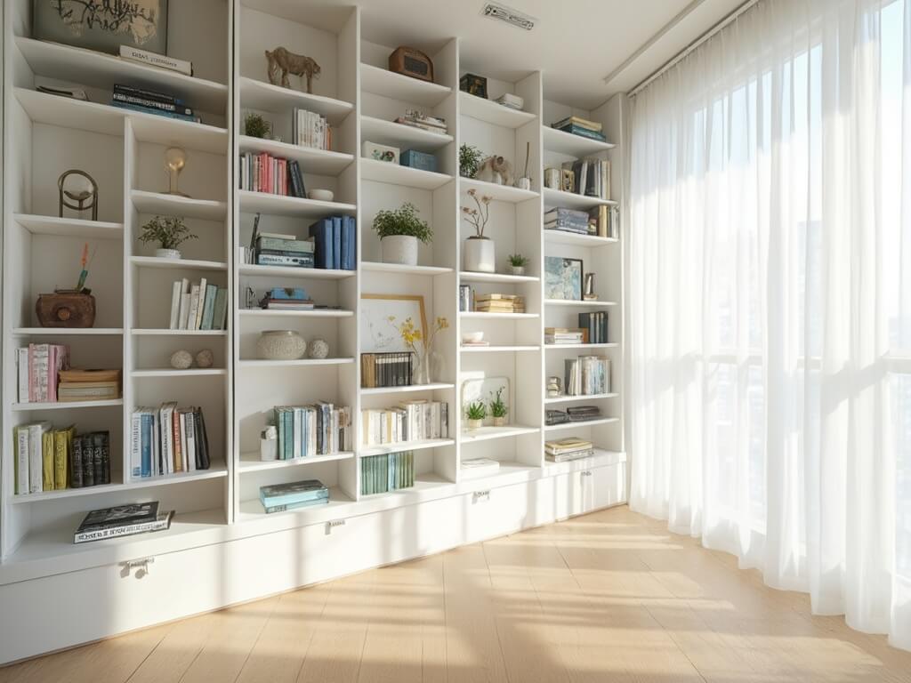 "Scandinavian minimalist studio apartment with floor-to-ceiling bookshelf filled with color-graded books and accented with brass accessories and succulents"