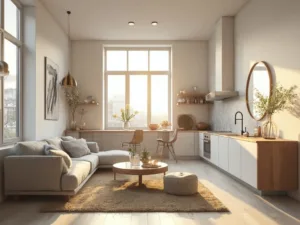 "Golden hour sunlight illuminating a minimalist, open-concept studio apartment with chic decor and luxe finishes"