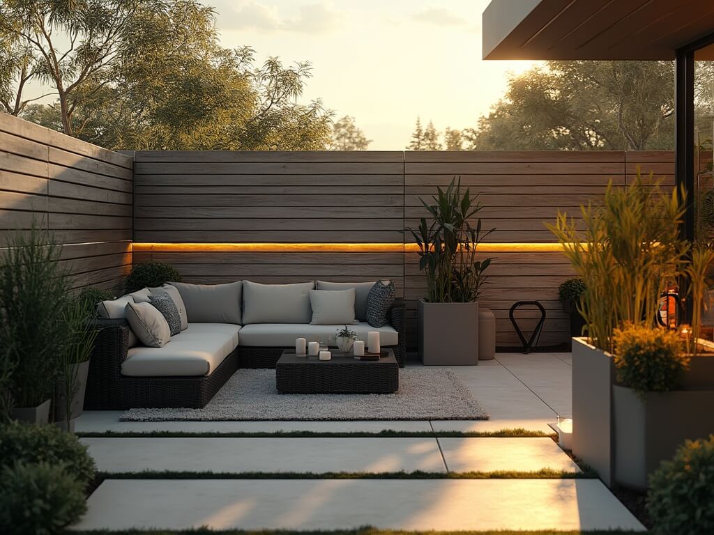 "Modern backyard with weathered gray fence, architectural plants, and integrated LED lighting at dusk, embodying a serene California modern meets Japanese zen aesthetic"