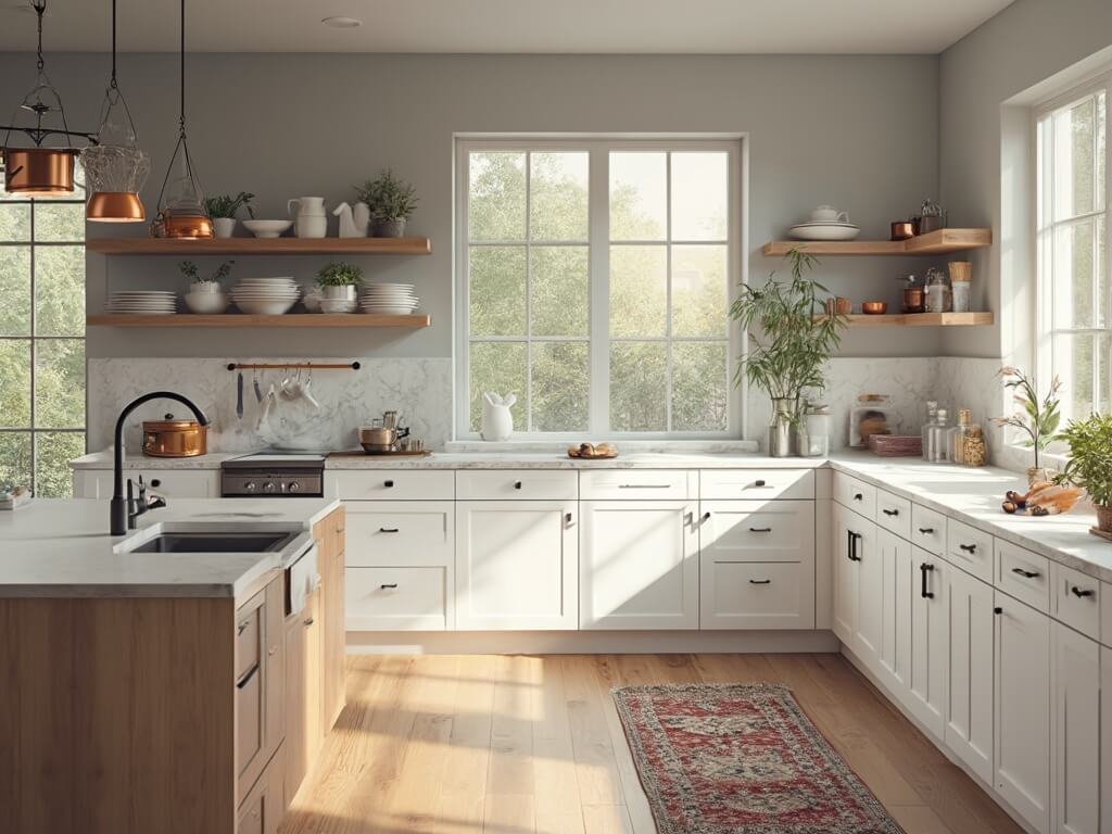 "Modern and bright kitchen featuring dove-gray walls, white cabinets, marble quartz countertops and efficient storage solutions"