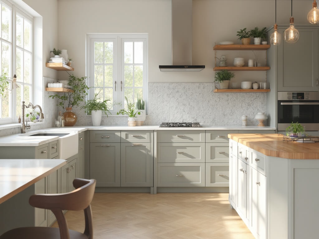 "Modern budget kitchen renovation featuring dove gray cabinets, white laminate countertops, and a butcher block island under morning sunlight."