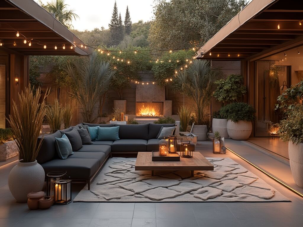 "Luxurious backyard retreat at sunset with modern coastal designs, LED string lights, and a fire pit"