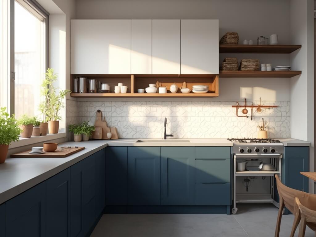 "Compact modern kitchen with white upper and navy lower cabinets, stainless steel cart, floating wooden shelves, concrete countertops, subway tile backsplash, copper pot rack, and fold-down walnut countertop extension bathed in soft morning light."
