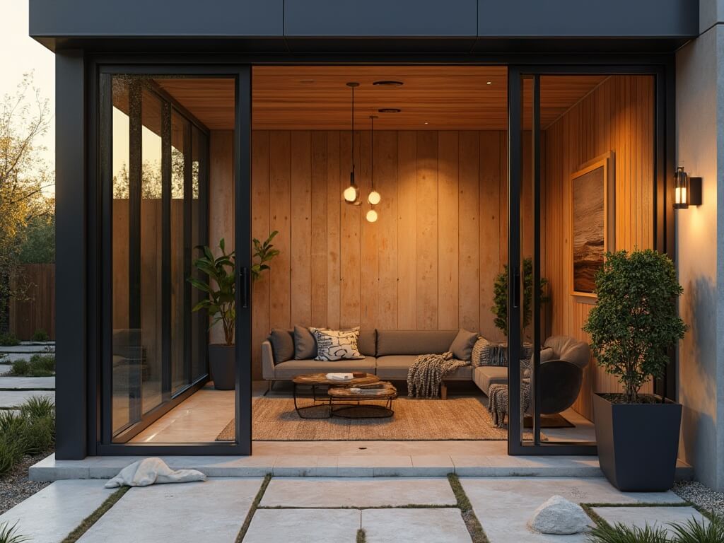 "Modern luxurious backyard studio pavilion with floor-to-ceiling windows, white oak flooring, floating concrete desk and minimalist decor during sunset"